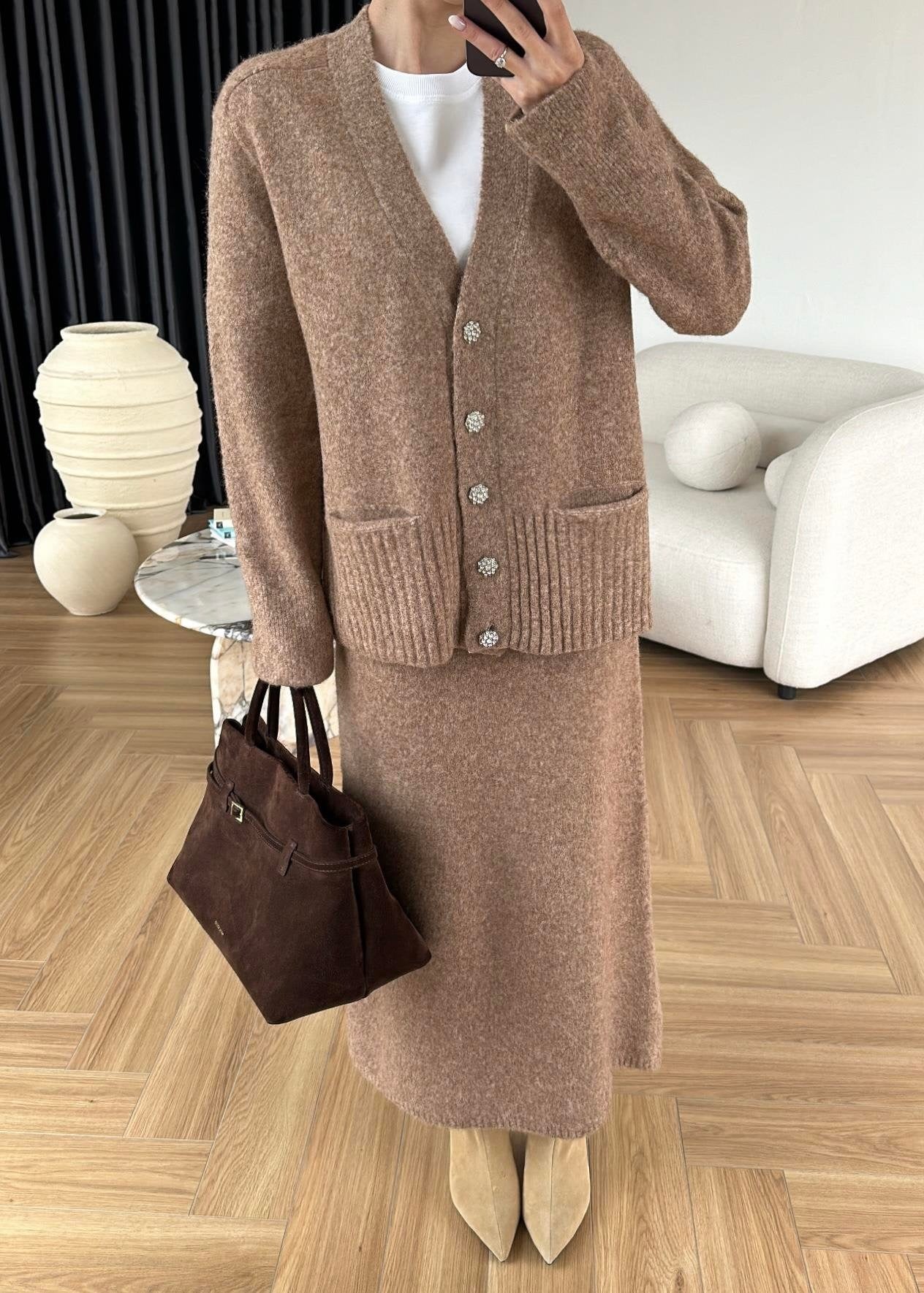 Taşlı Düğmeli Dilvin Etekli Takım CAMEL